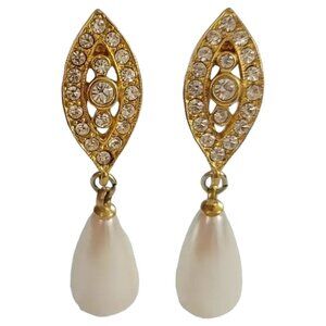 Gold Tone  Rhinestone Faux Pearl Dangle Earrings For Pierced Ears